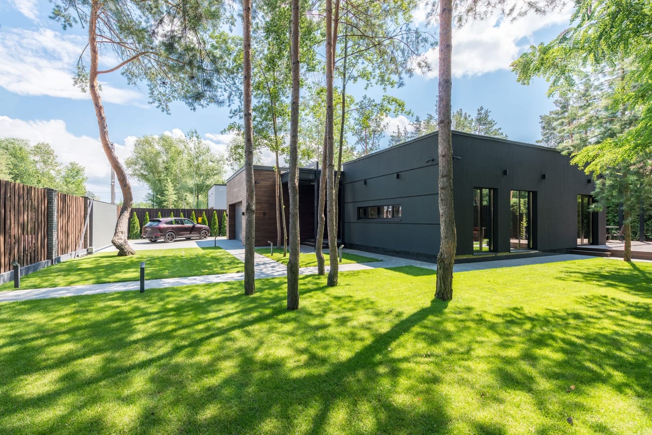 Clôture en bois et maison contemporaine sombre dans un jardin planté de pins