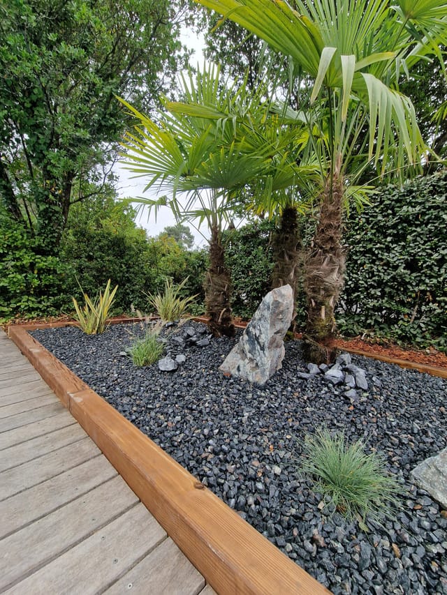 Palmiers et rocher en massif minéral longé par une terrasse en bois