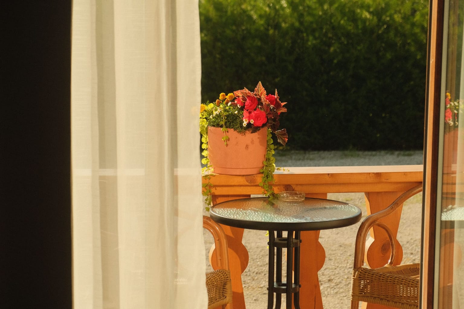 Terrasse meublée de fauteuils en osier et de fleurs en pot